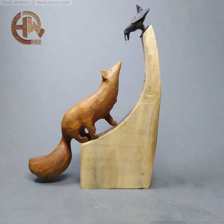 مجسمه چوبی زاغ و روباه