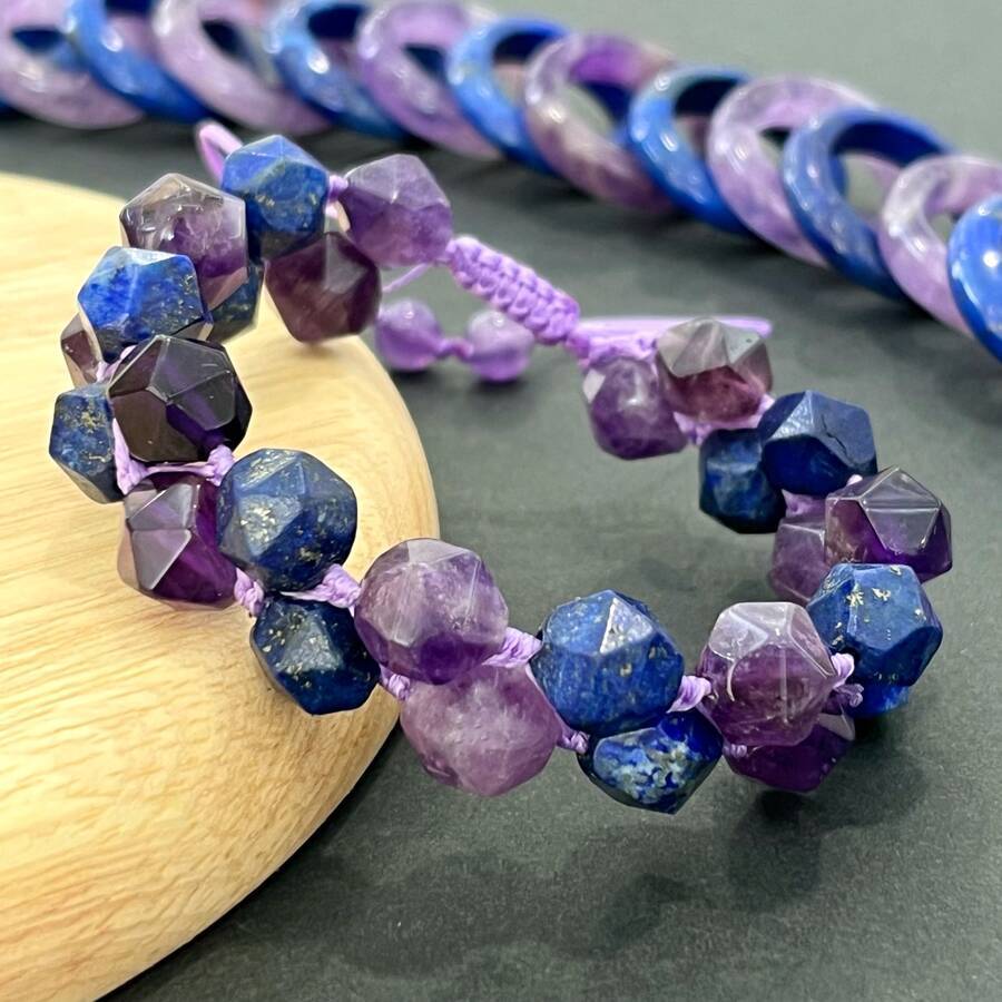 دستبند دو ردیفه آمیتیست و لاجورد تراش استار