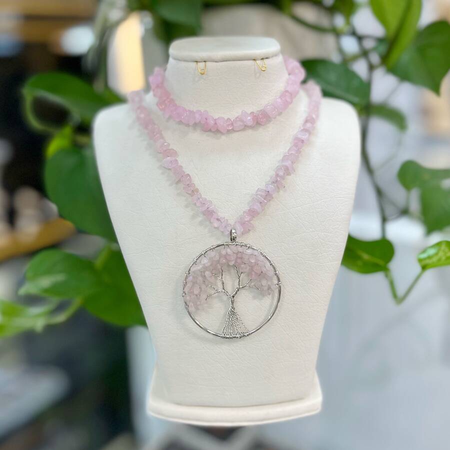 ست دستبند گردنبند گوشواره سنگ رز کوارتز