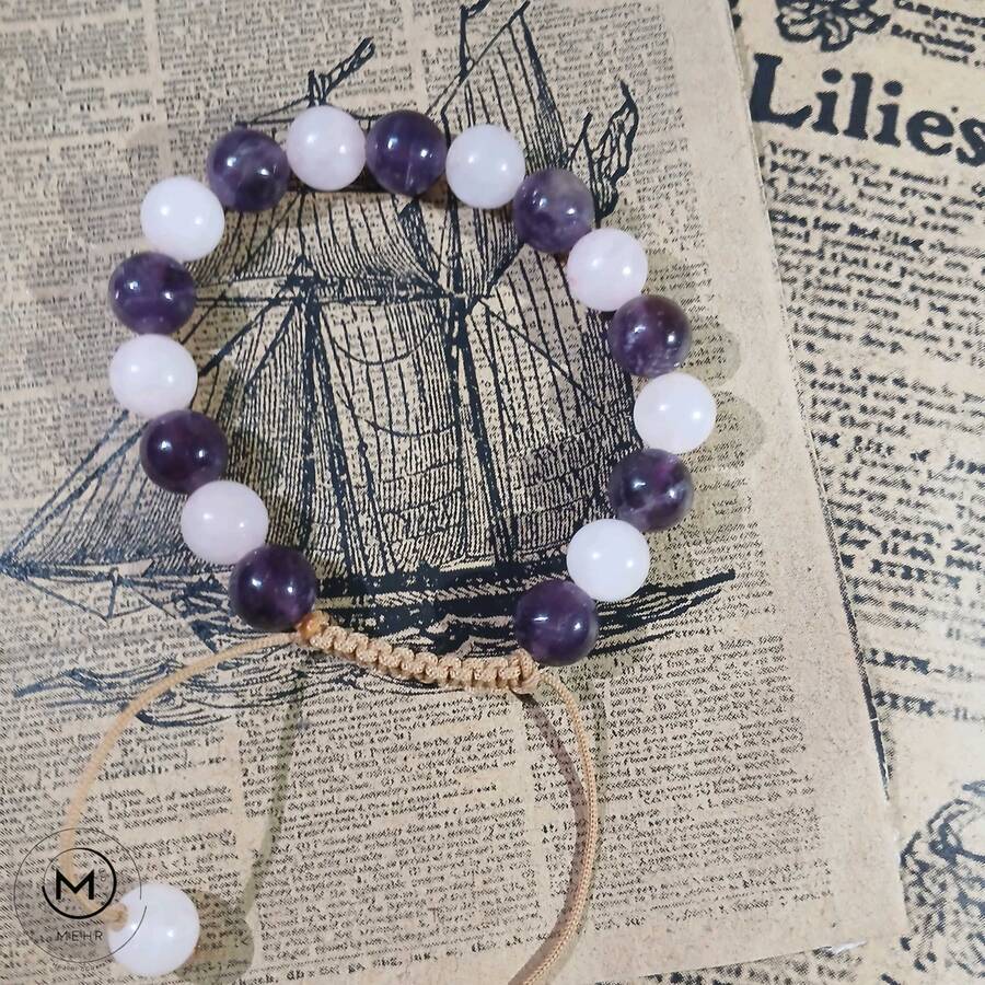 دستبند آمیتیست و رز کوارتز 