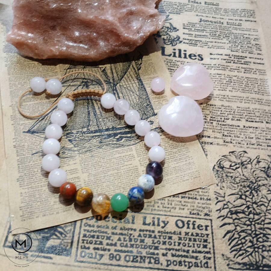 دستبند هفت چاکرا و رز کوارتز 