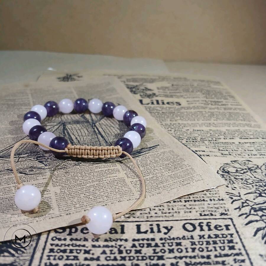 دستبند آمیتیست و رز کوارتز 