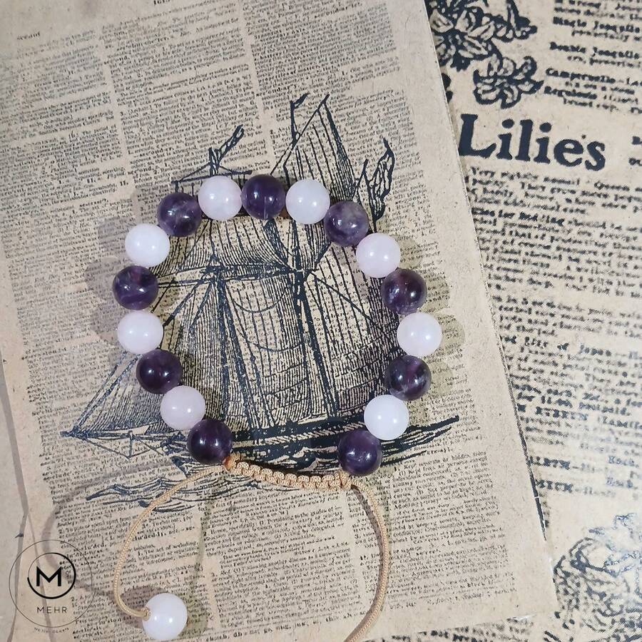 دستبند آمیتیست و رز کوارتز 