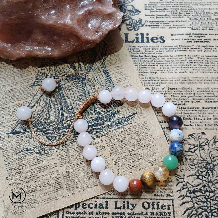 دستبند هفت چاکرا و رز کوارتز 