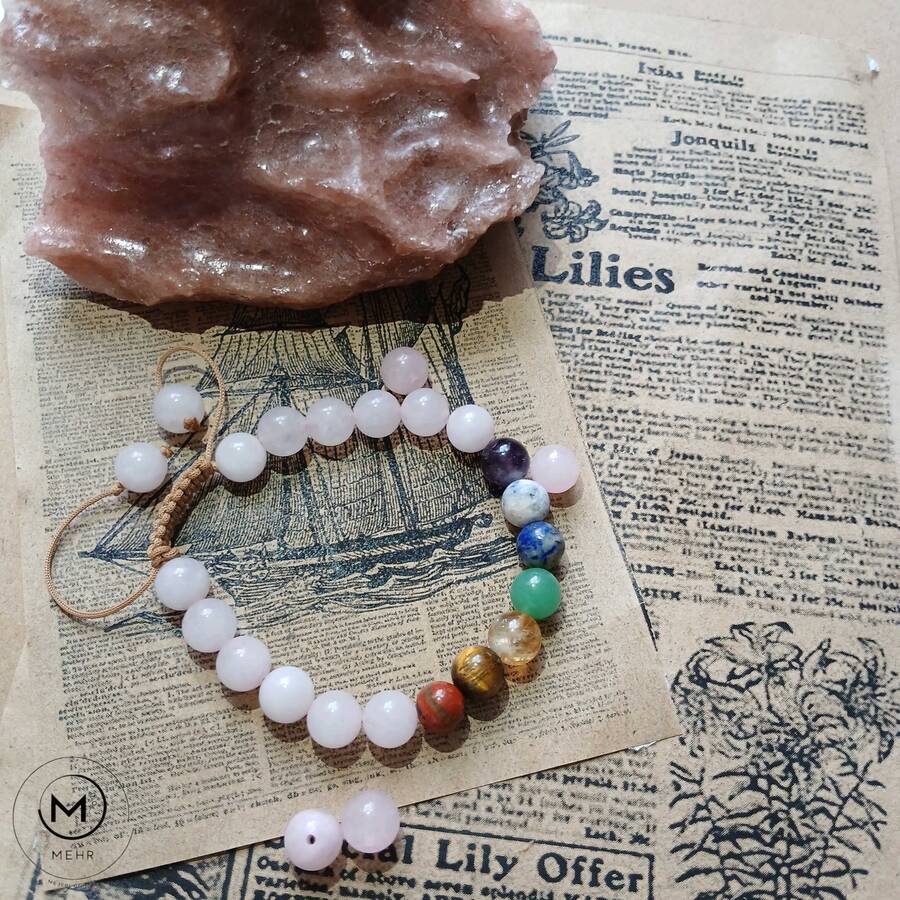 دستبند هفت چاکرا و رز کوارتز 